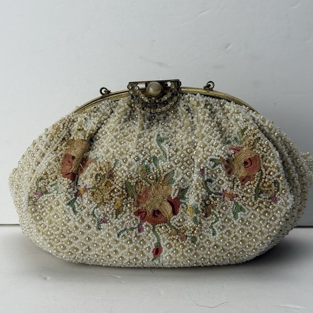 Vintage 1940-50s French Beaded Evening Bag Embroidery Florals
